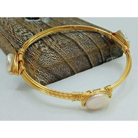 Bangle Bracelet Natural Pearls Braided Wire Gold Tone - Picture 2 of 6